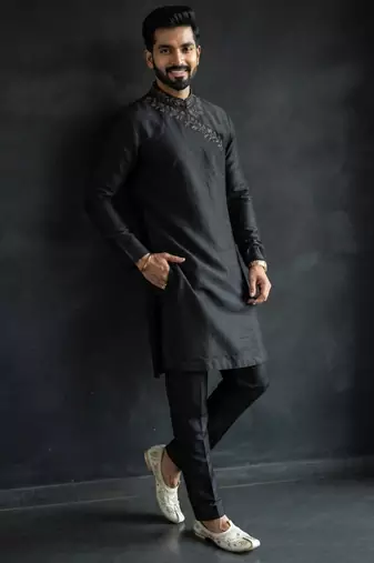 Black embroidered dupion silk kurta set