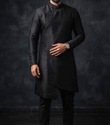 Black embroidered dupion silk kurta set