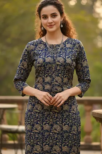 Blue cotton blend geometric printed kurta for women