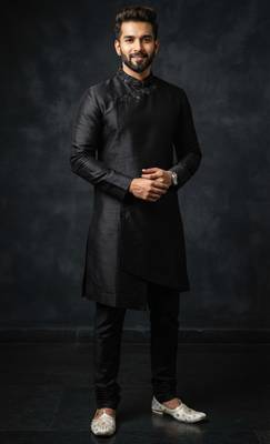 Black embroidered dupion silk kurta set 3