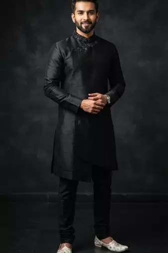 Black embroidered dupion silk kurta set