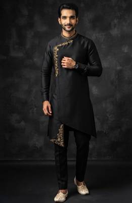 Black embroidered dupion silk kurta set 2