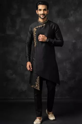 Black embroidered dupion silk kurta set