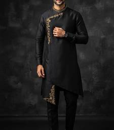 Black embroidered dupion silk kurta set