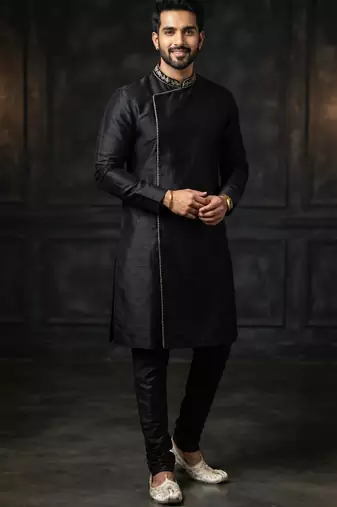 Black embroidered dupion silk kurta set