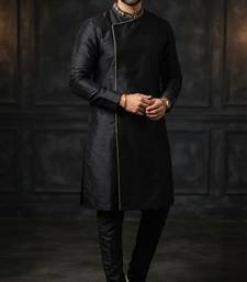 Black embroidered dupion silk kurta set