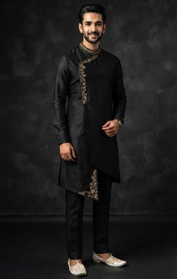 Black embroidered dupion silk kurta set 3