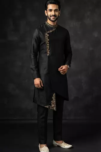 Black embroidered dupion silk kurta set