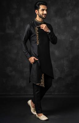 Black embroidered dupion silk kurta set 4
