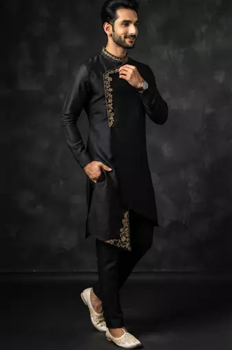 Black embroidered dupion silk kurta set