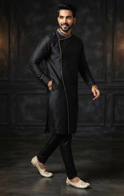 Black embroidered dupion silk kurta set 3