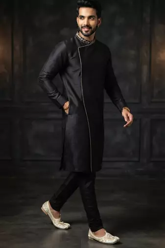 Black embroidered dupion silk kurta set
