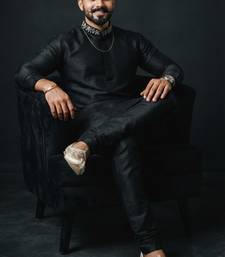 Black embroidered dupion silk kurta set