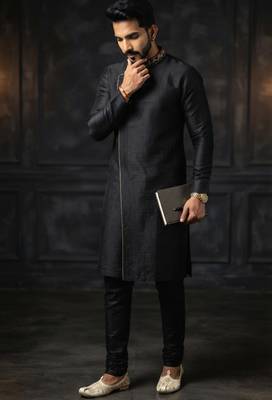 Black embroidered dupion silk kurta set 4
