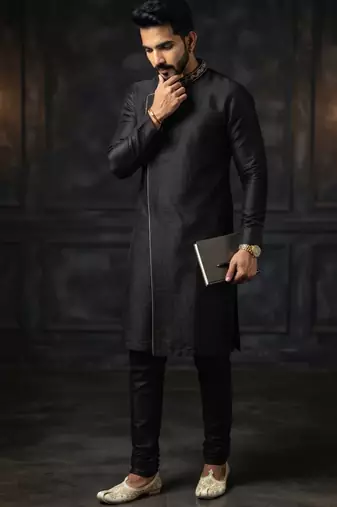 Black embroidered dupion silk kurta set