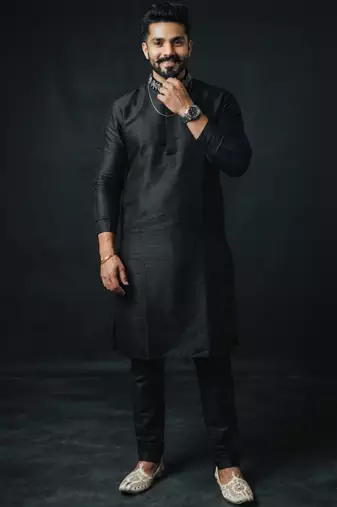 Black embroidered dupion silk kurta set