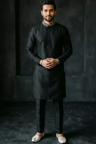 Black embroidered dupion silk kurta set