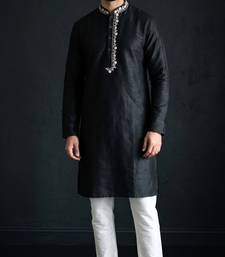 Black-white embroidered dupion silk kurta set