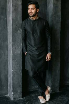 Black embroidered dupion silk kurta set 3
