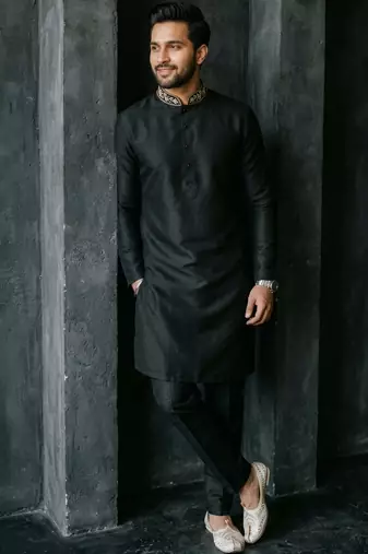 Black embroidered dupion silk kurta set