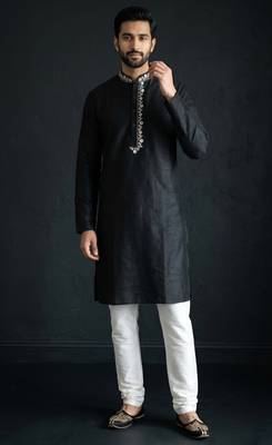 Black-white embroidered dupion silk kurta set 3