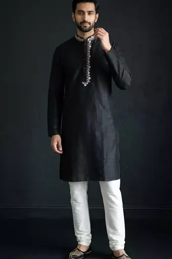 Black-white embroidered dupion silk kurta set