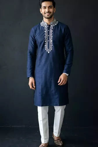 Blue-white embroidered dupion silk kurta set