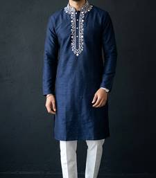 Blue-white embroidered dupion silk kurta set