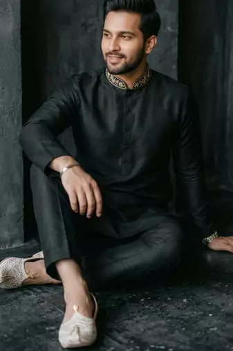 Black embroidered dupion silk kurta set