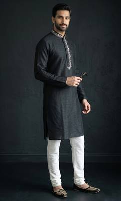 Black-white embroidered dupion silk kurta set 4