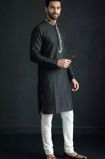 Black-white embroidered dupion silk kurta set