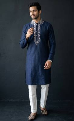 Blue-white embroidered dupion silk kurta set 3