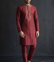 Maroon embroidered dupion silk kurta set