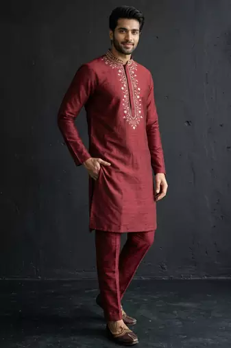 Maroon embroidered dupion silk kurta set