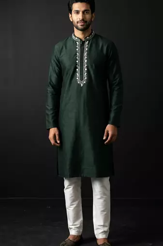 Green-white embroidered dupion silk kurta set