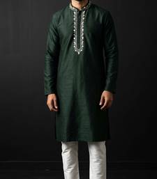 Green-white embroidered dupion silk kurta set