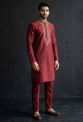 Maroon embroidered dupion silk kurta set 4