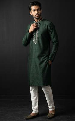 Green-white embroidered dupion silk kurta set 3