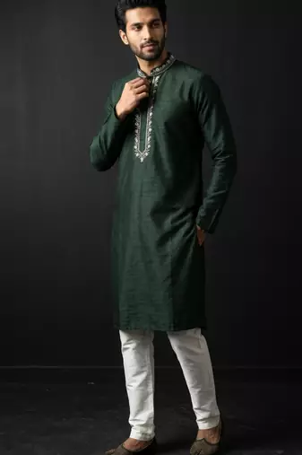 Green-white embroidered dupion silk kurta set