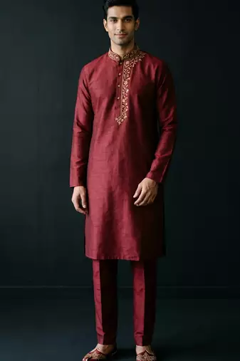 Maroon embroidered dupion silk kurta set