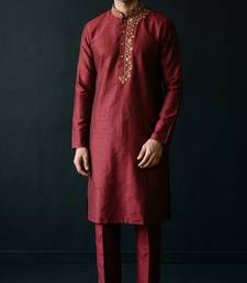 Maroon embroidered dupion silk kurta set