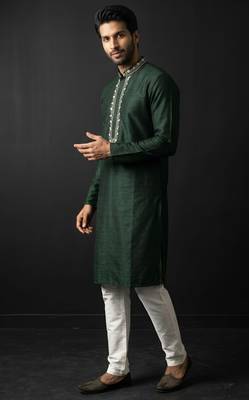 Green-white embroidered dupion silk kurta set 4