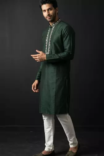 Green-white embroidered dupion silk kurta set