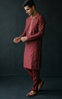 Maroon embroidered dupion silk kurta set 3