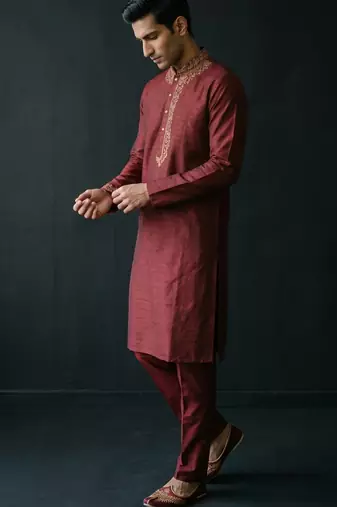 Maroon embroidered dupion silk kurta set