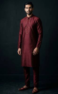 Maroon embroidered dupion silk kurta set 2