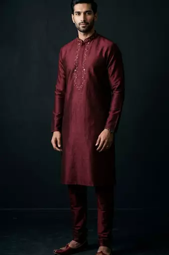 Maroon embroidered dupion silk kurta set