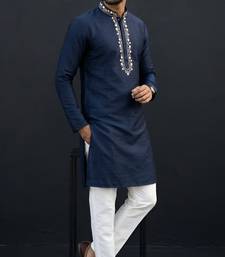 Blue-white embroidered dupion silk kurta set