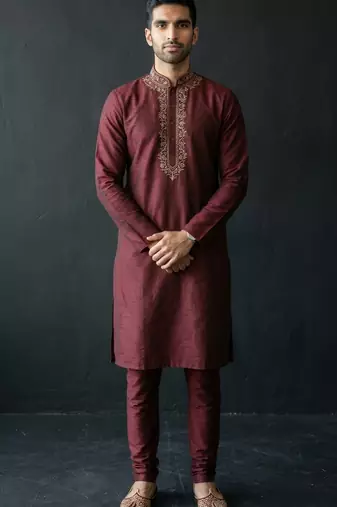 Maroon embroidered dupion silk kurta set
