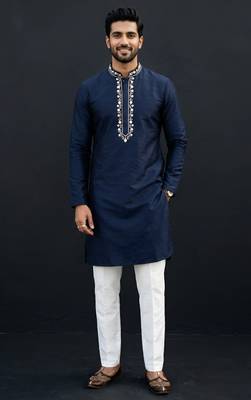 Blue-white embroidered dupion silk kurta set 3